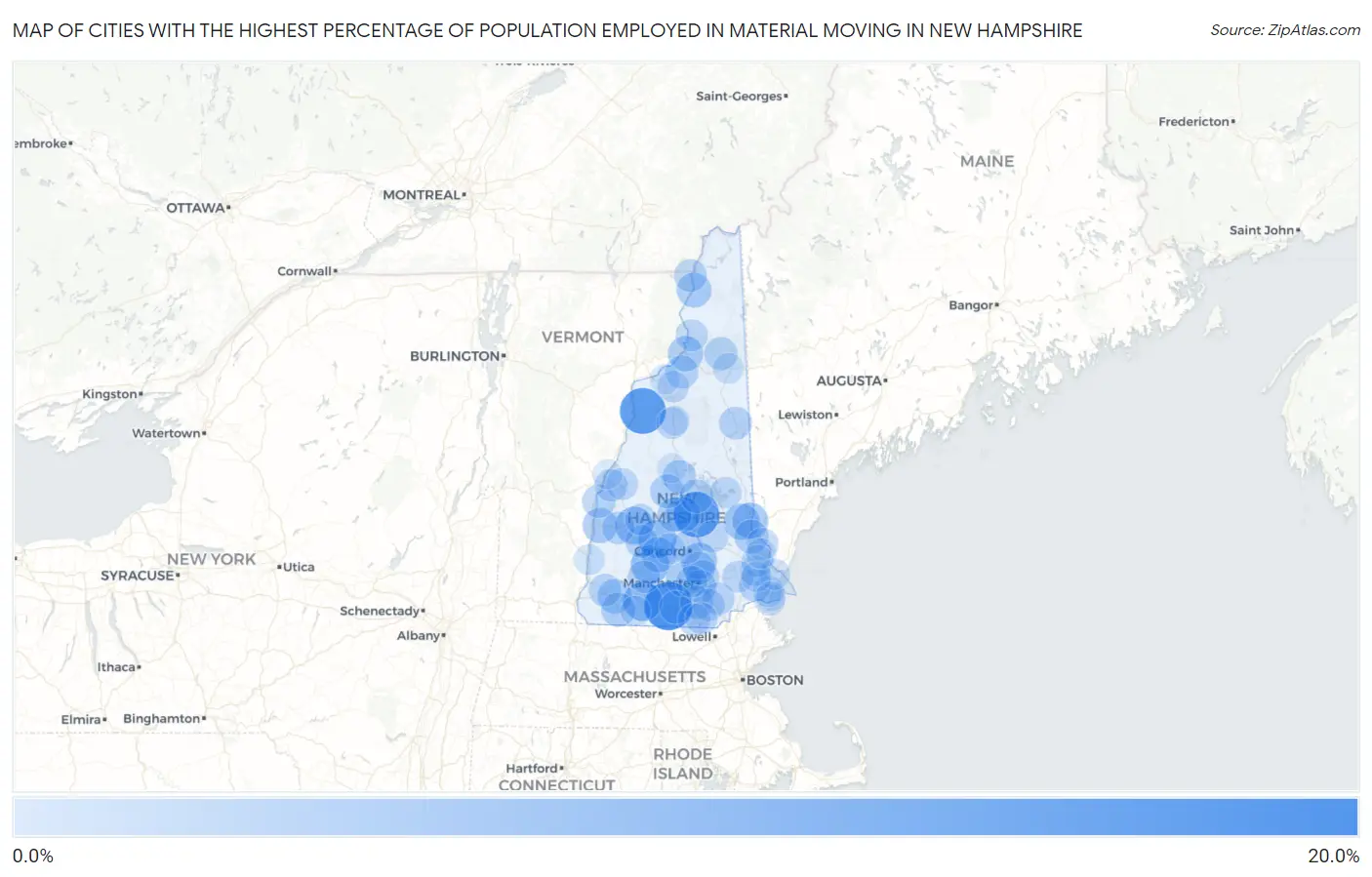 Cities with the Highest Percentage of Population Employed in Material Moving in New Hampshire Map
