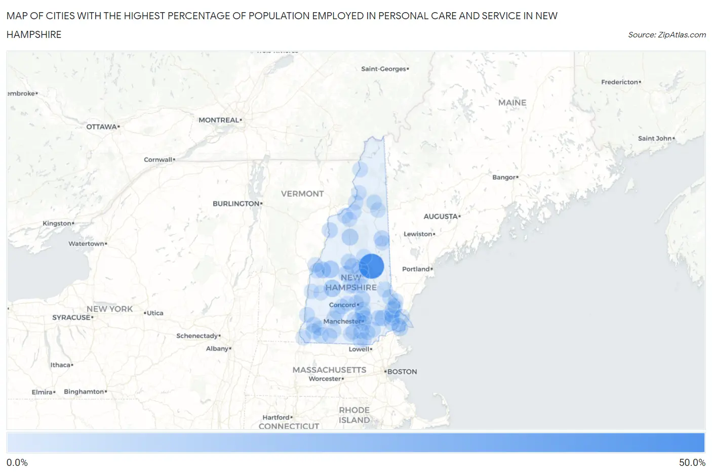 Cities with the Highest Percentage of Population Employed in Personal Care and Service in New Hampshire Map