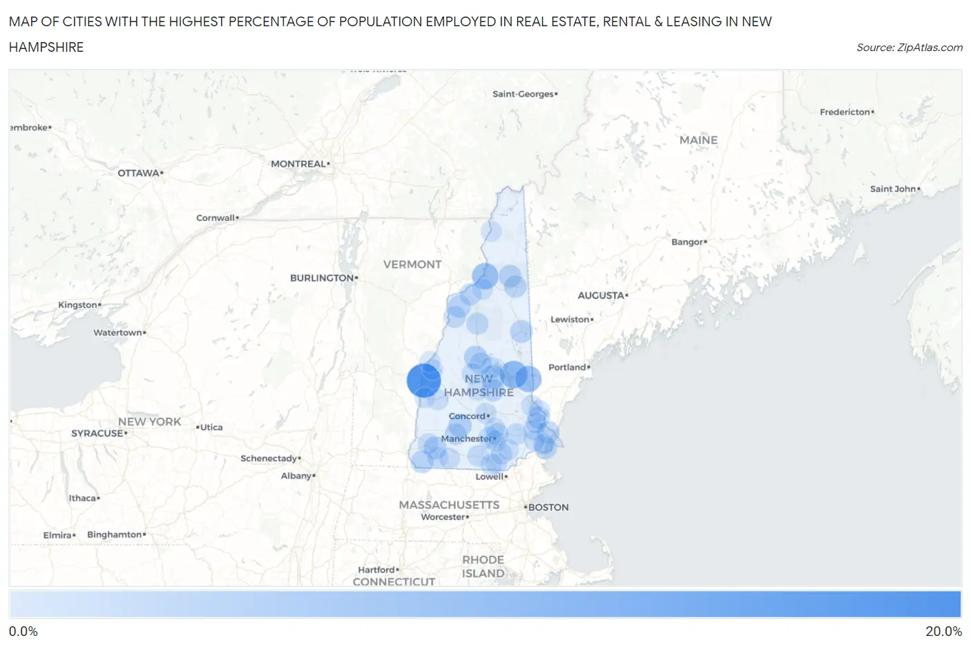 Cities with the Highest Percentage of Population Employed in Real Estate, Rental & Leasing in New Hampshire Map