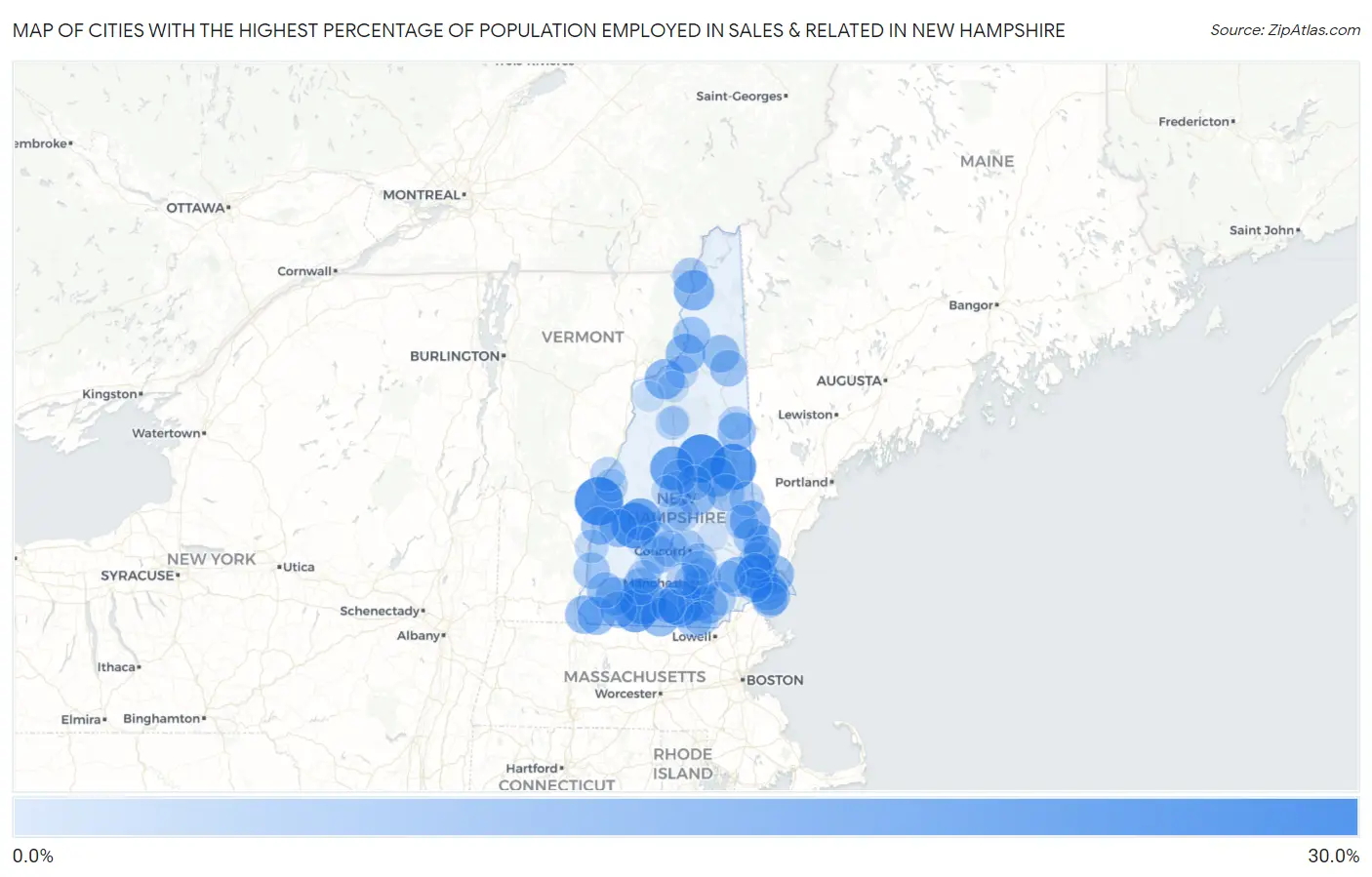 Cities with the Highest Percentage of Population Employed in Sales & Related in New Hampshire Map