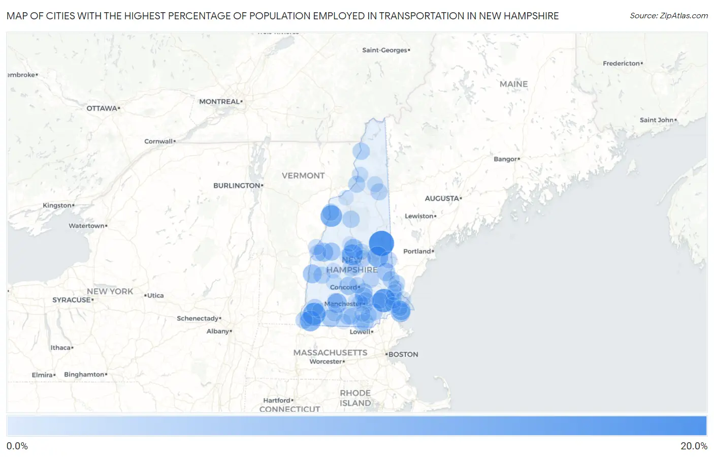 Cities with the Highest Percentage of Population Employed in Transportation in New Hampshire Map