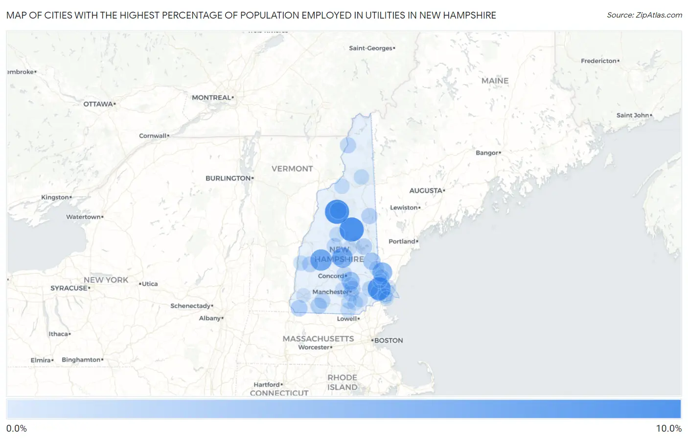 Cities with the Highest Percentage of Population Employed in Utilities in New Hampshire Map