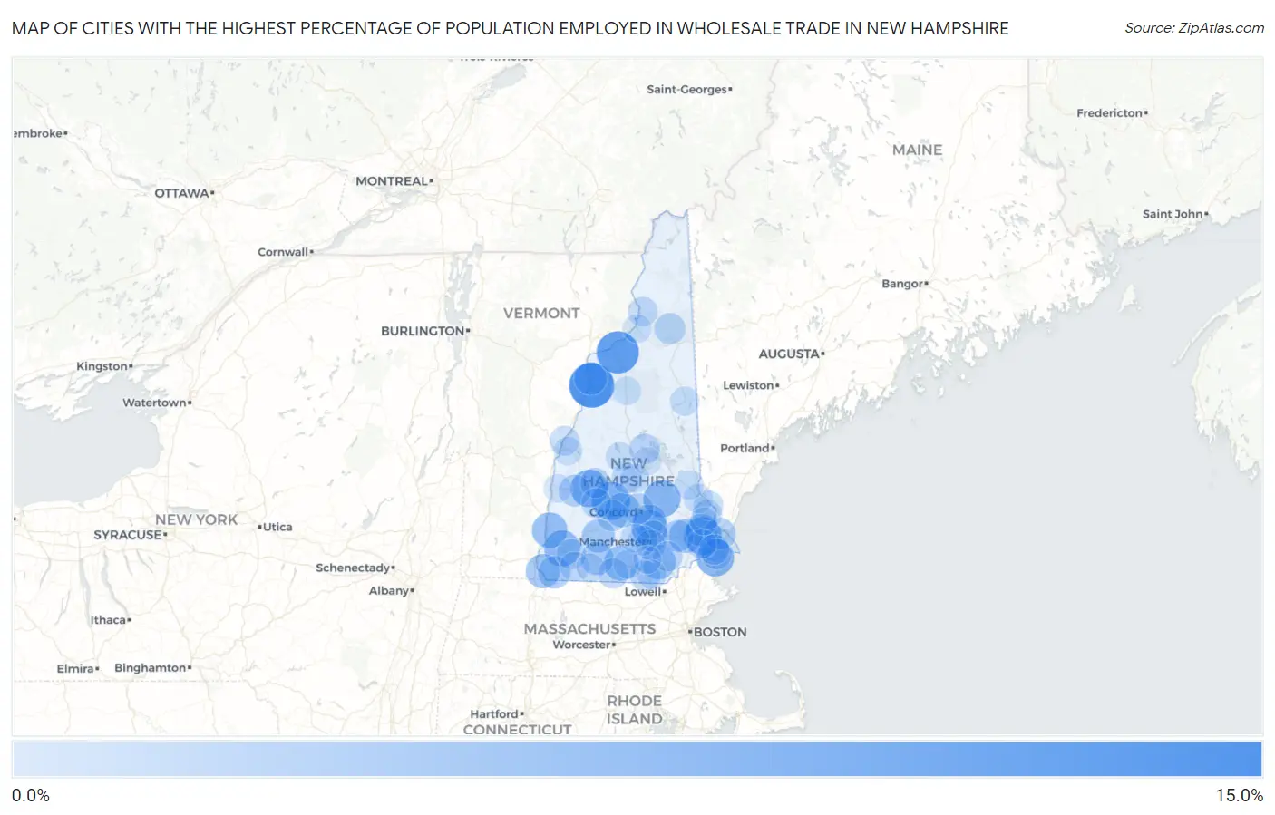 Cities with the Highest Percentage of Population Employed in Wholesale Trade in New Hampshire Map