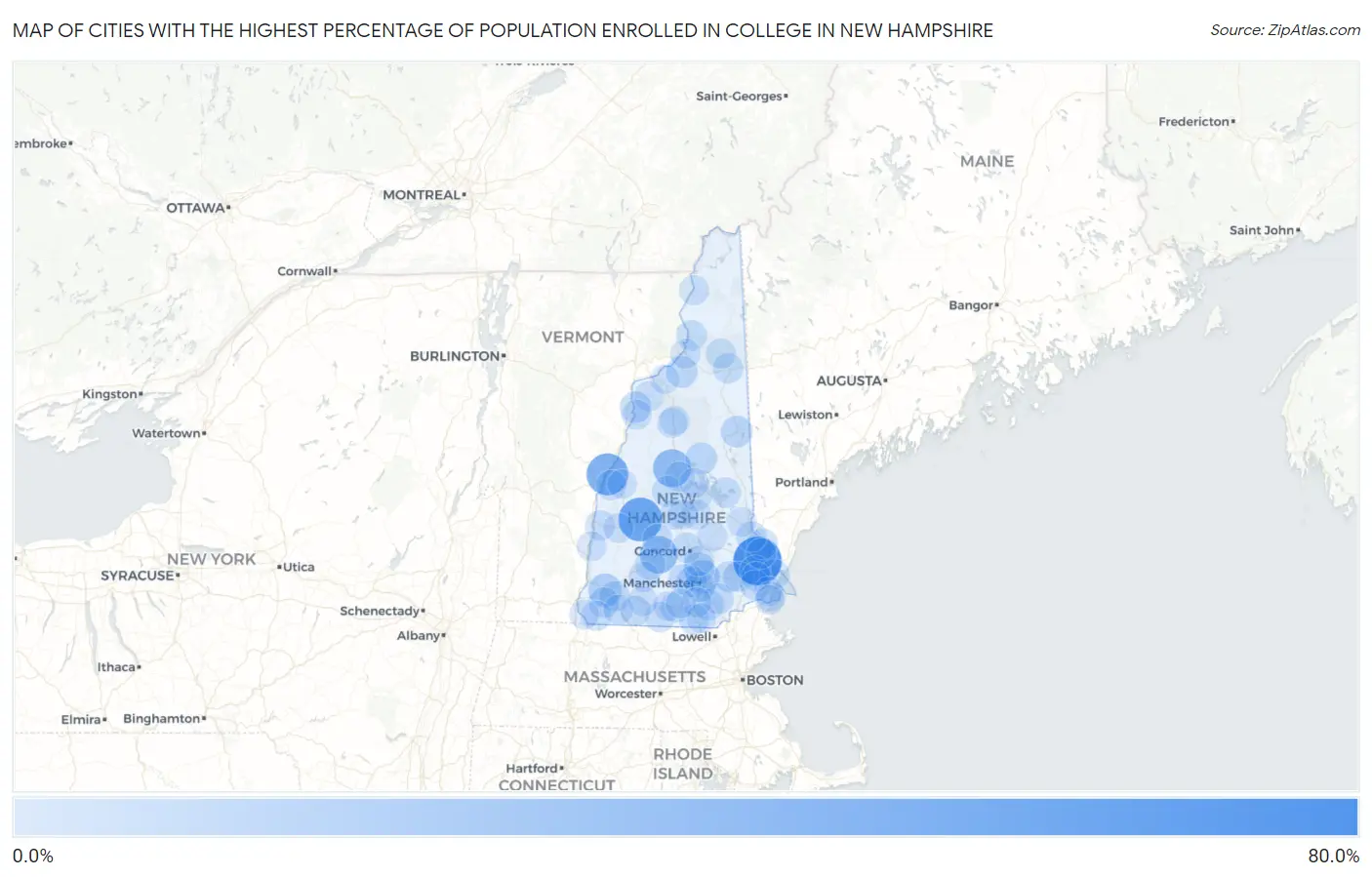 Cities with the Highest Percentage of Population Enrolled in College in New Hampshire Map