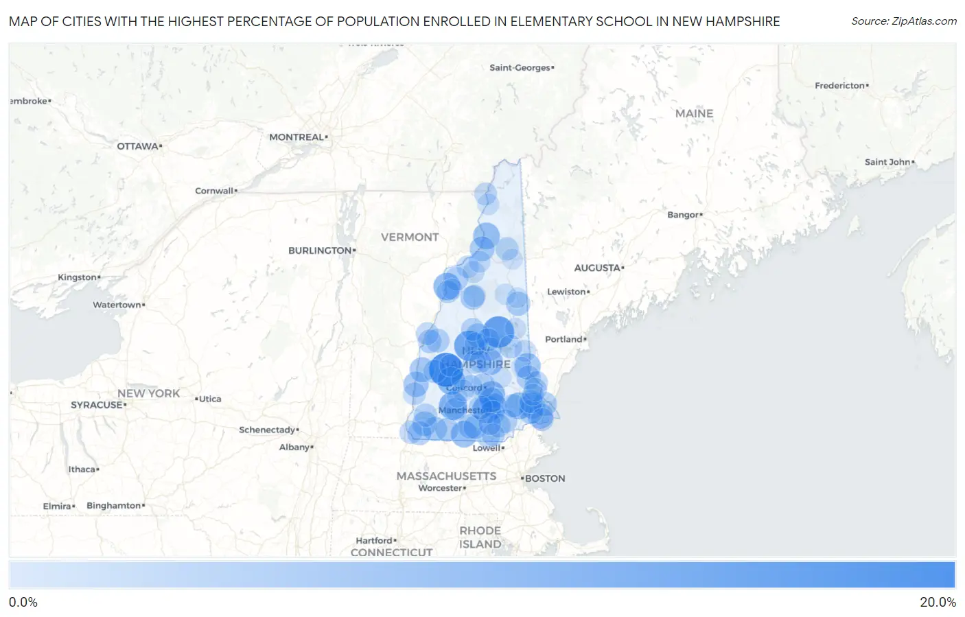 Cities with the Highest Percentage of Population Enrolled in Elementary School in New Hampshire Map