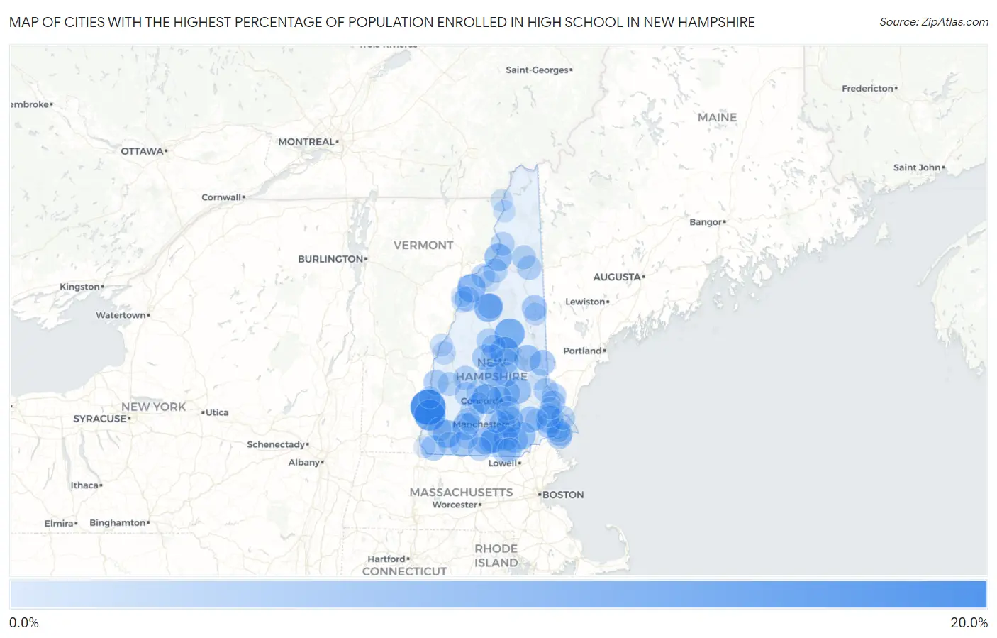 Cities with the Highest Percentage of Population Enrolled in High School in New Hampshire Map