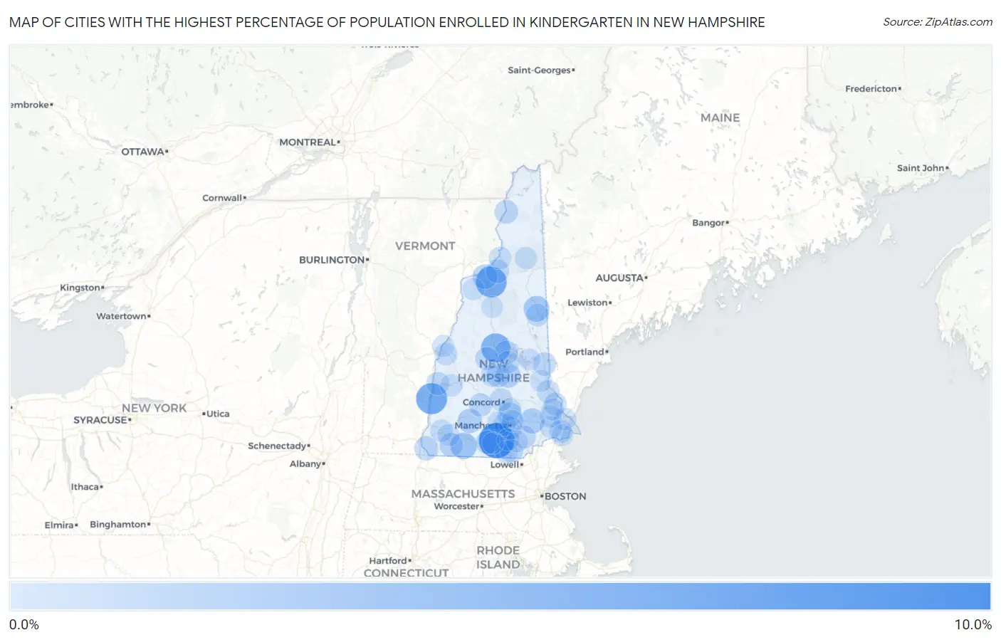 Cities with the Highest Percentage of Population Enrolled in Kindergarten in New Hampshire Map