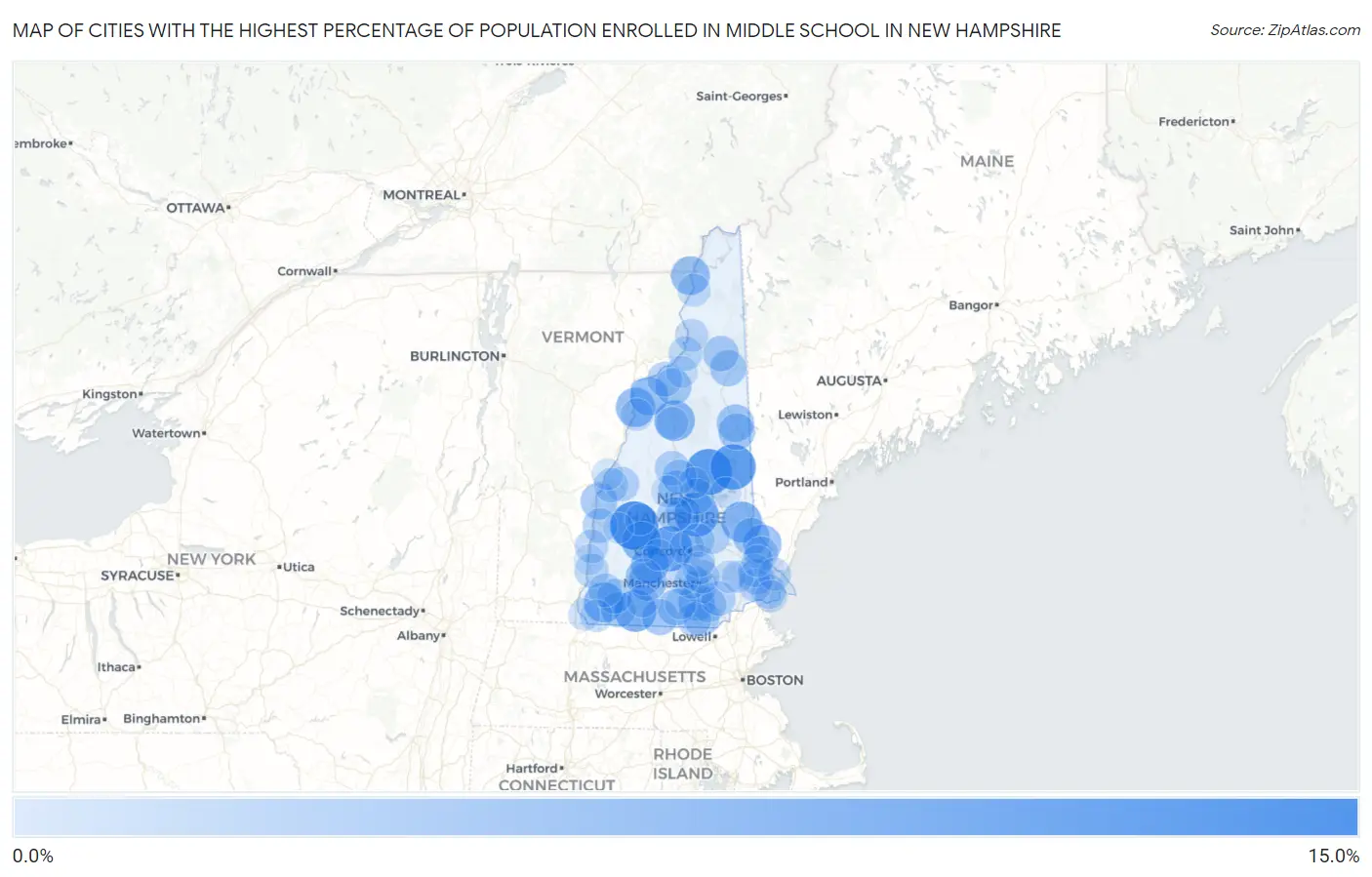 Cities with the Highest Percentage of Population Enrolled in Middle School in New Hampshire Map