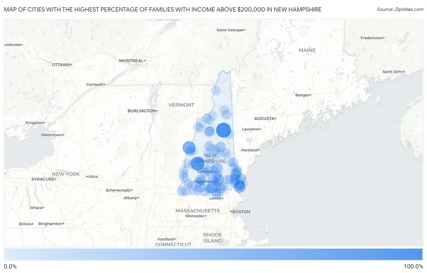 Cities with the Highest Percentage of Families with Income Above $200,000 in New Hampshire Map