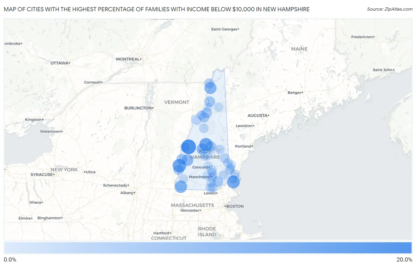 Cities with the Highest Percentage of Families with Income Below $10,000 in New Hampshire Map