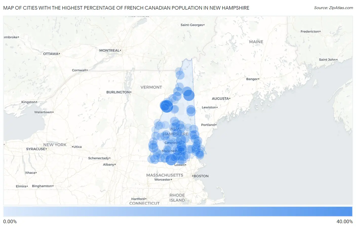 Cities with the Highest Percentage of French Canadian Population in New Hampshire Map