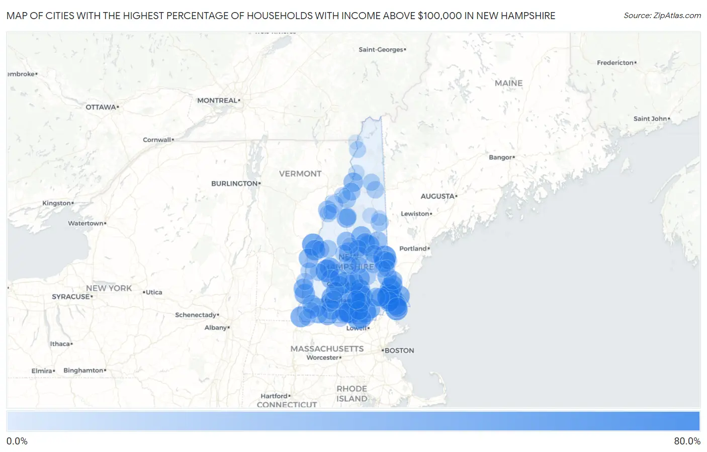 Cities with the Highest Percentage of Households with Income Above $100,000 in New Hampshire Map