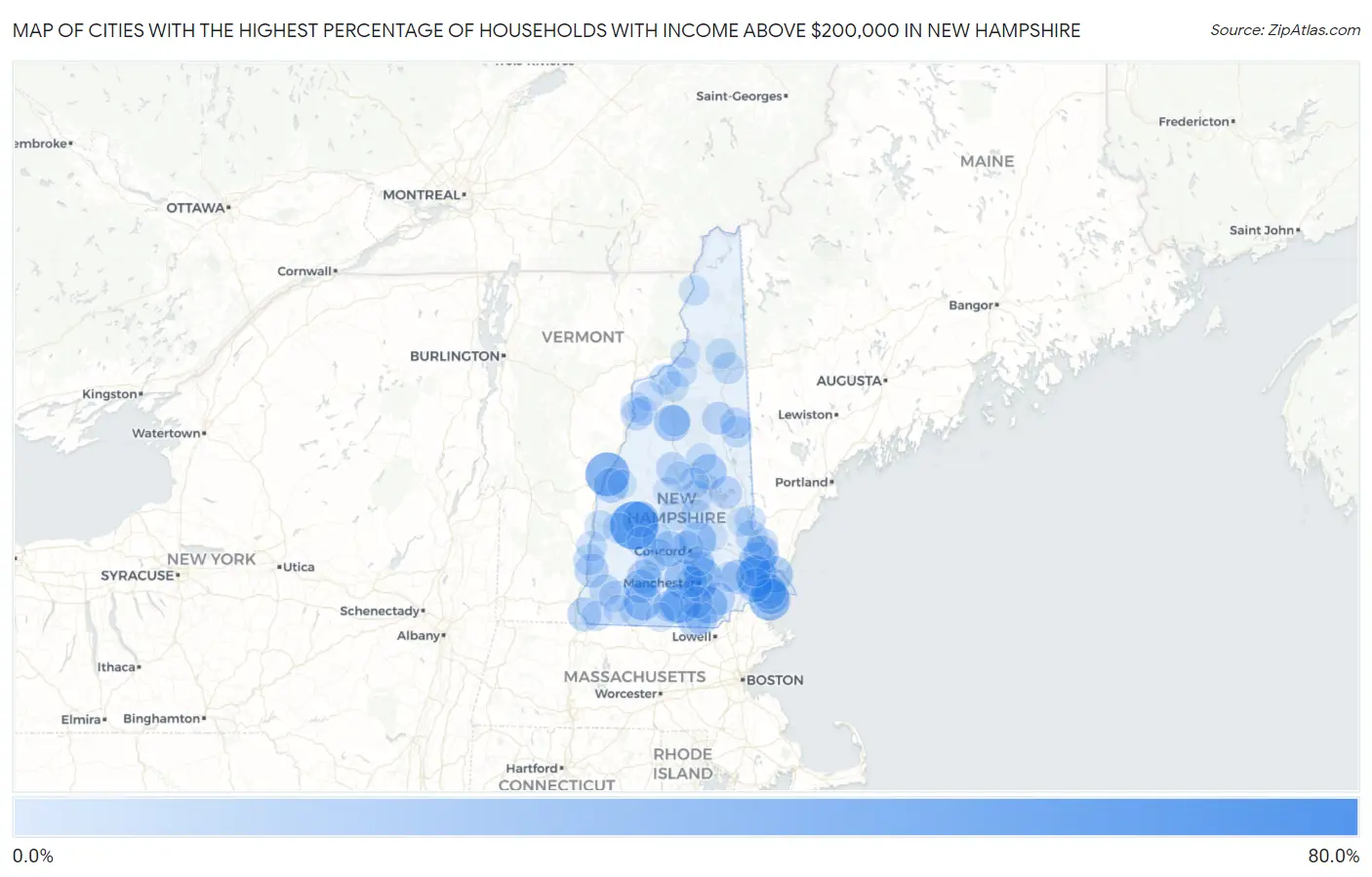 Cities with the Highest Percentage of Households with Income Above $200,000 in New Hampshire Map