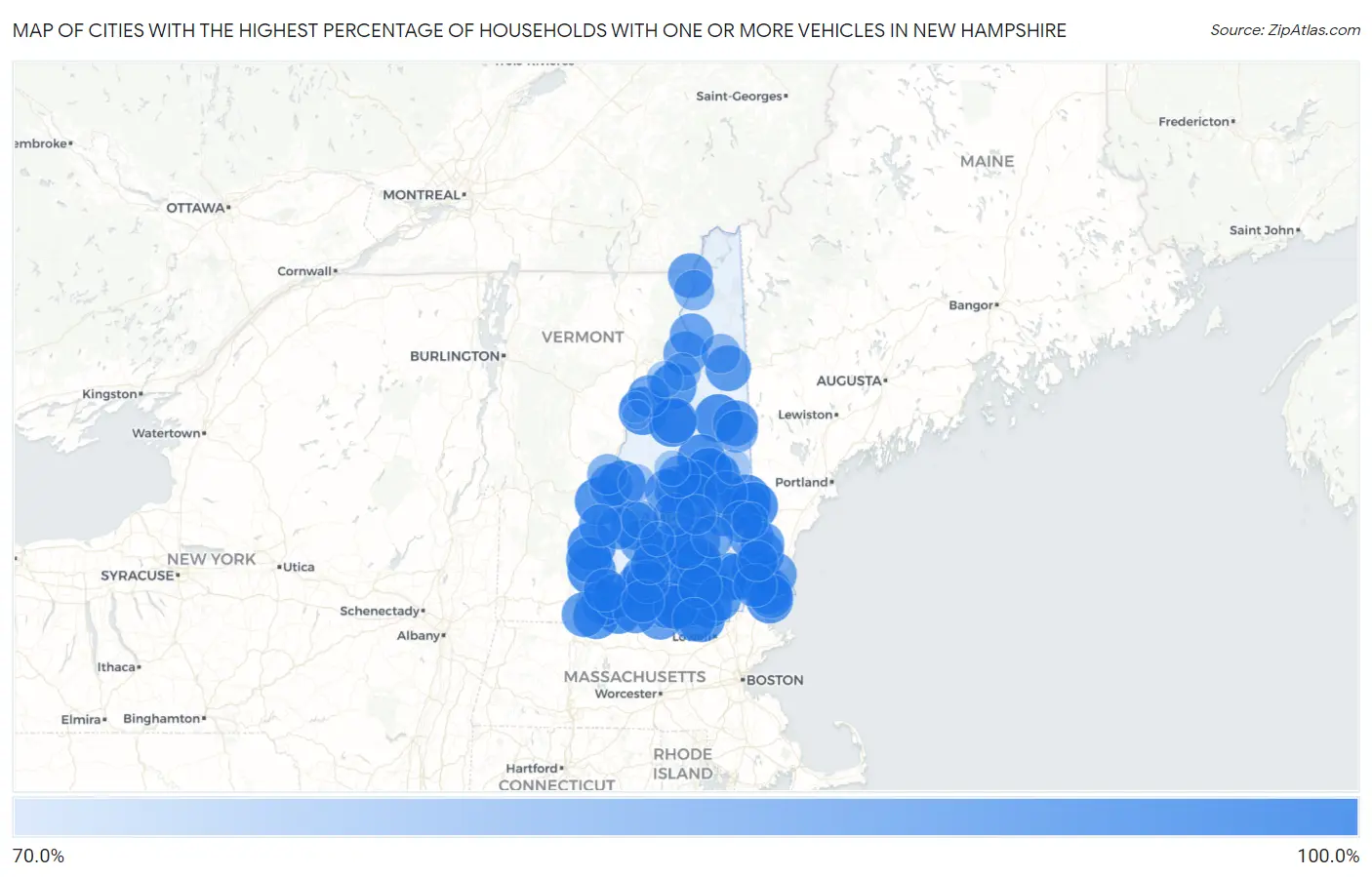 Cities with the Highest Percentage of Households With One or more Vehicles in New Hampshire Map