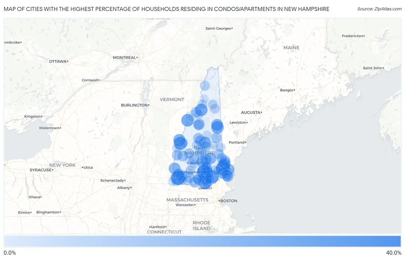 Cities with the Highest Percentage of Households Residing in Condos/Apartments in New Hampshire Map