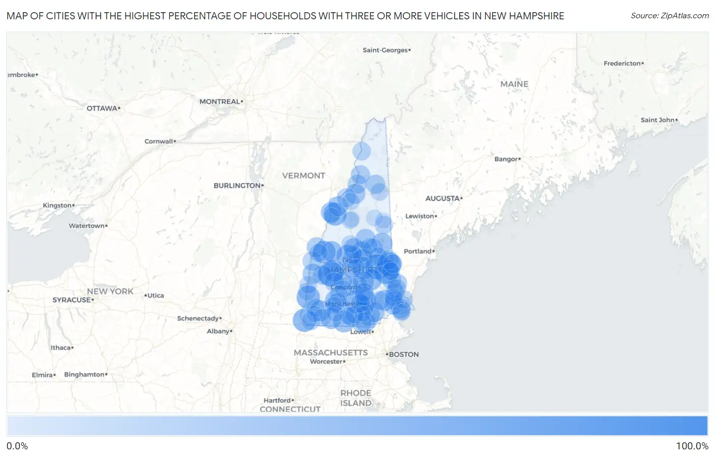 Cities with the Highest Percentage of Households With Three or more Vehicles in New Hampshire Map