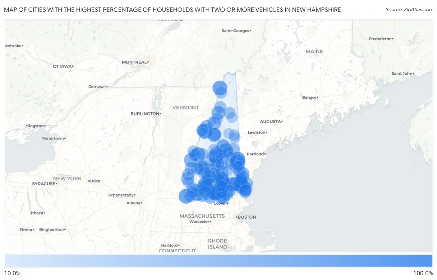 Cities with the Highest Percentage of Households With Two or more Vehicles in New Hampshire Map