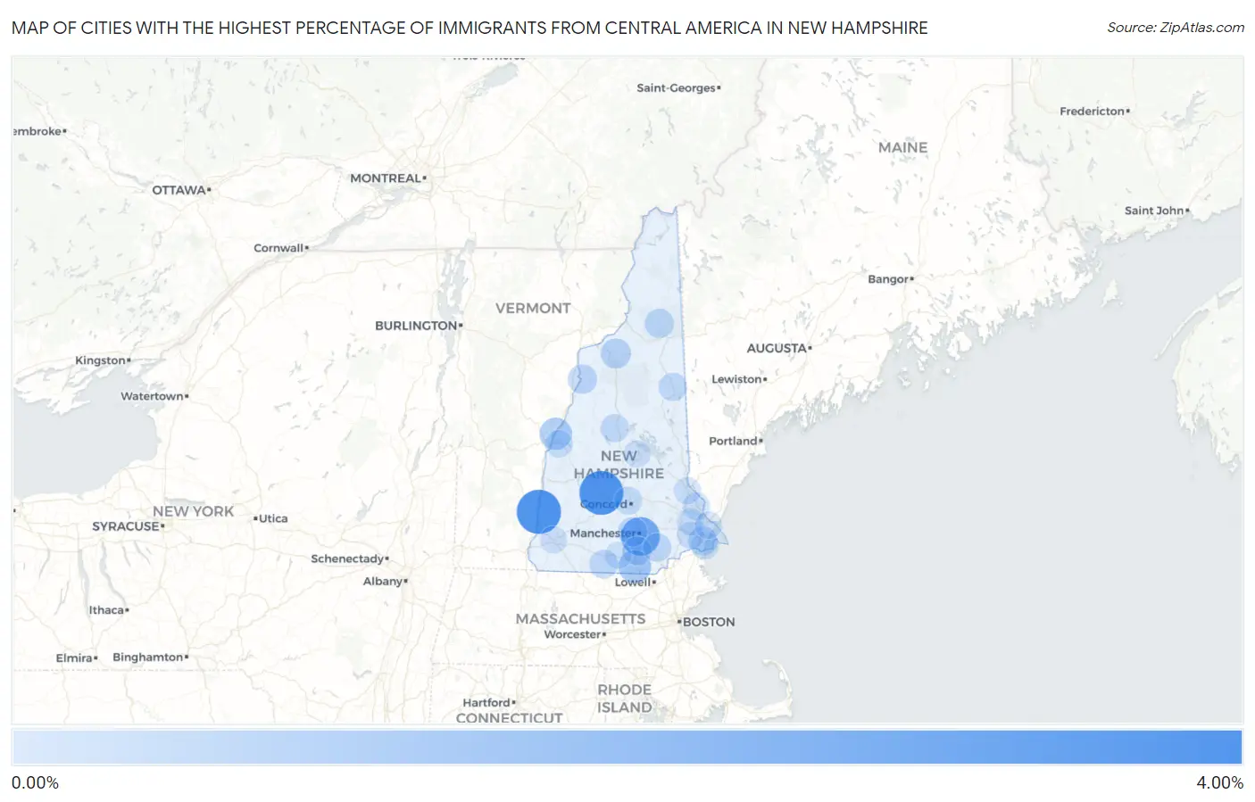 Cities with the Highest Percentage of Immigrants from Central America in New Hampshire Map
