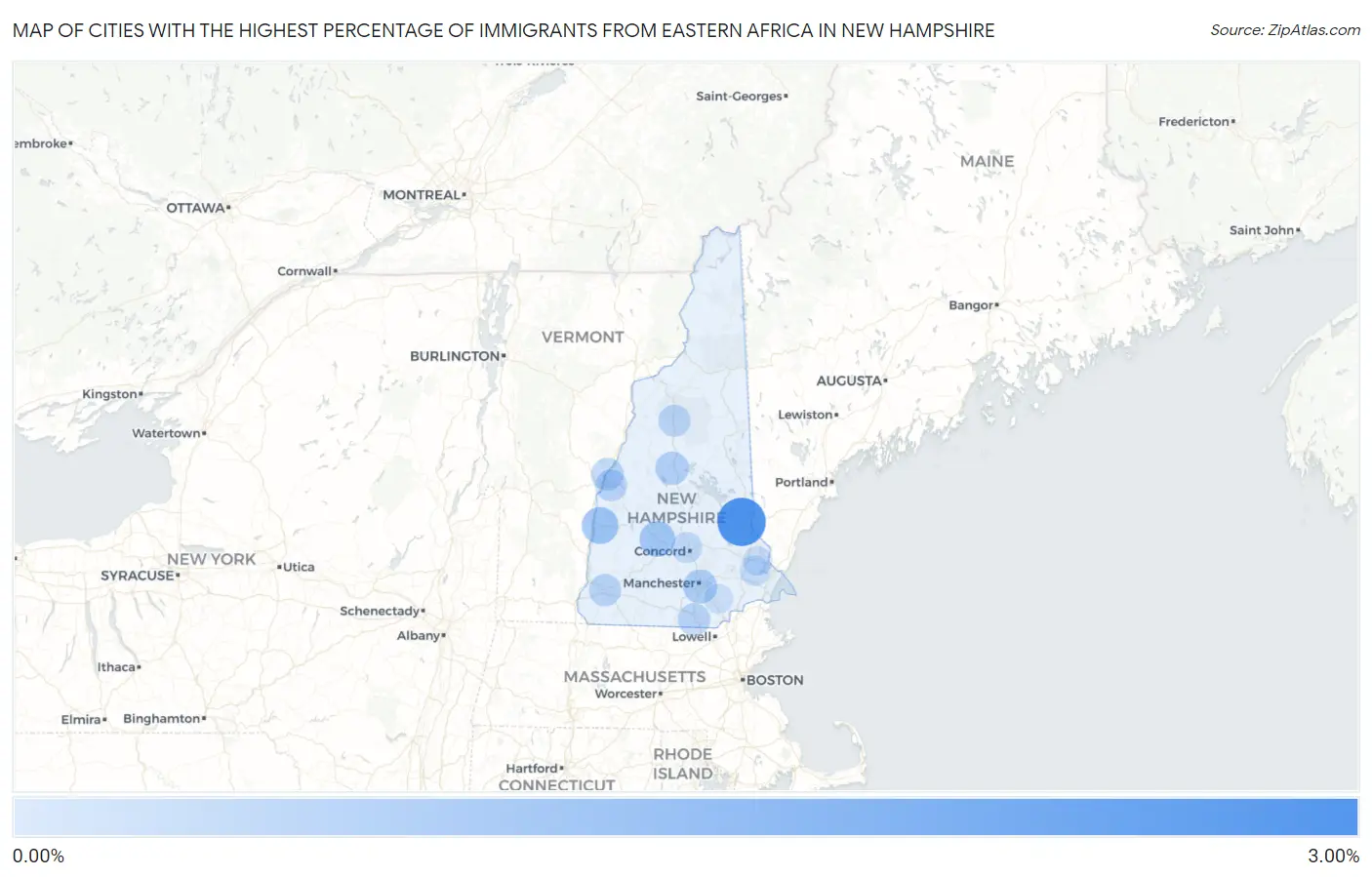 Cities with the Highest Percentage of Immigrants from Eastern Africa in New Hampshire Map