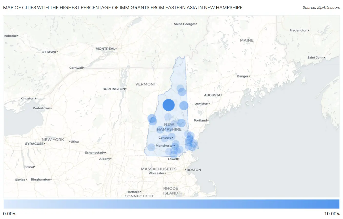 Cities with the Highest Percentage of Immigrants from Eastern Asia in New Hampshire Map