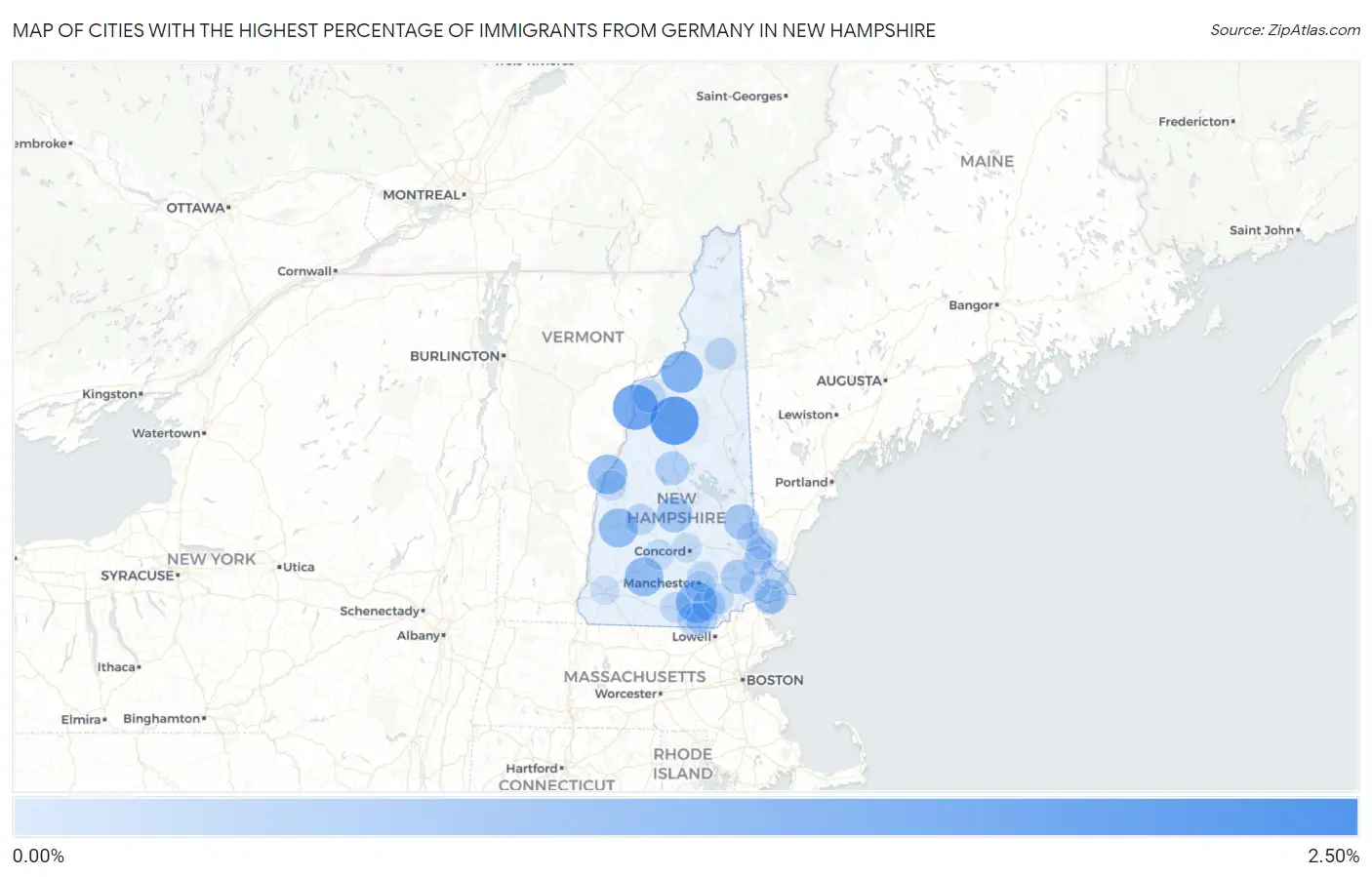 Cities with the Highest Percentage of Immigrants from Germany in New Hampshire Map
