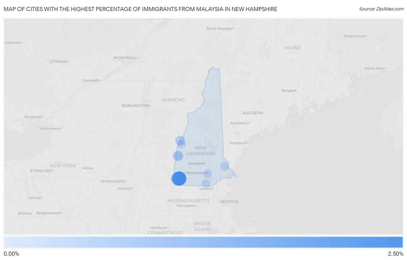 Cities with the Highest Percentage of Immigrants from Malaysia in New Hampshire Map