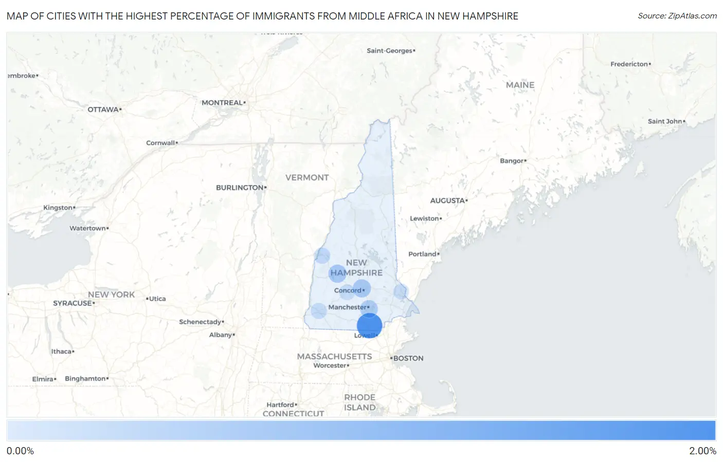 Cities with the Highest Percentage of Immigrants from Middle Africa in New Hampshire Map
