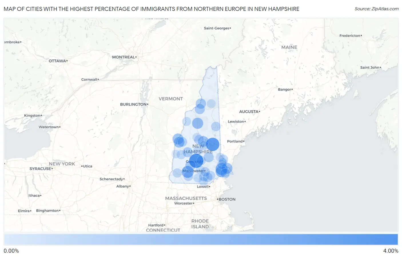 Cities with the Highest Percentage of Immigrants from Northern Europe in New Hampshire Map