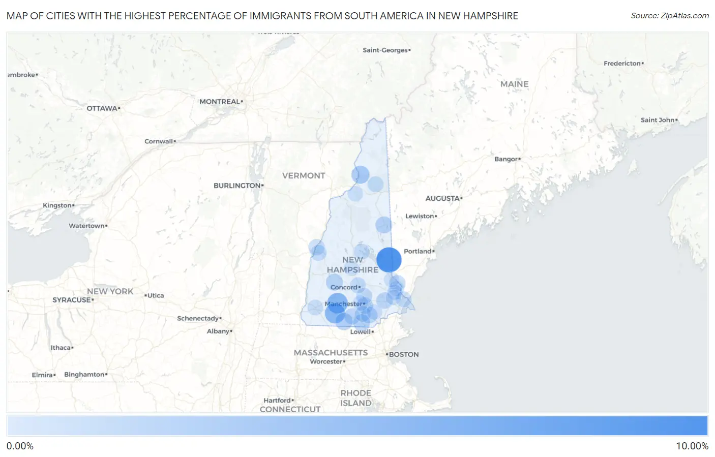 Cities with the Highest Percentage of Immigrants from South America in New Hampshire Map