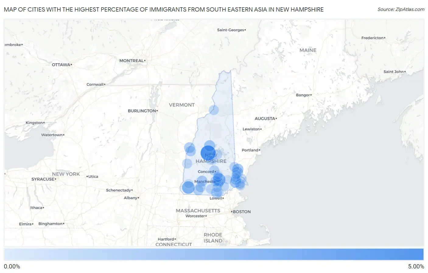 Cities with the Highest Percentage of Immigrants from South Eastern Asia in New Hampshire Map