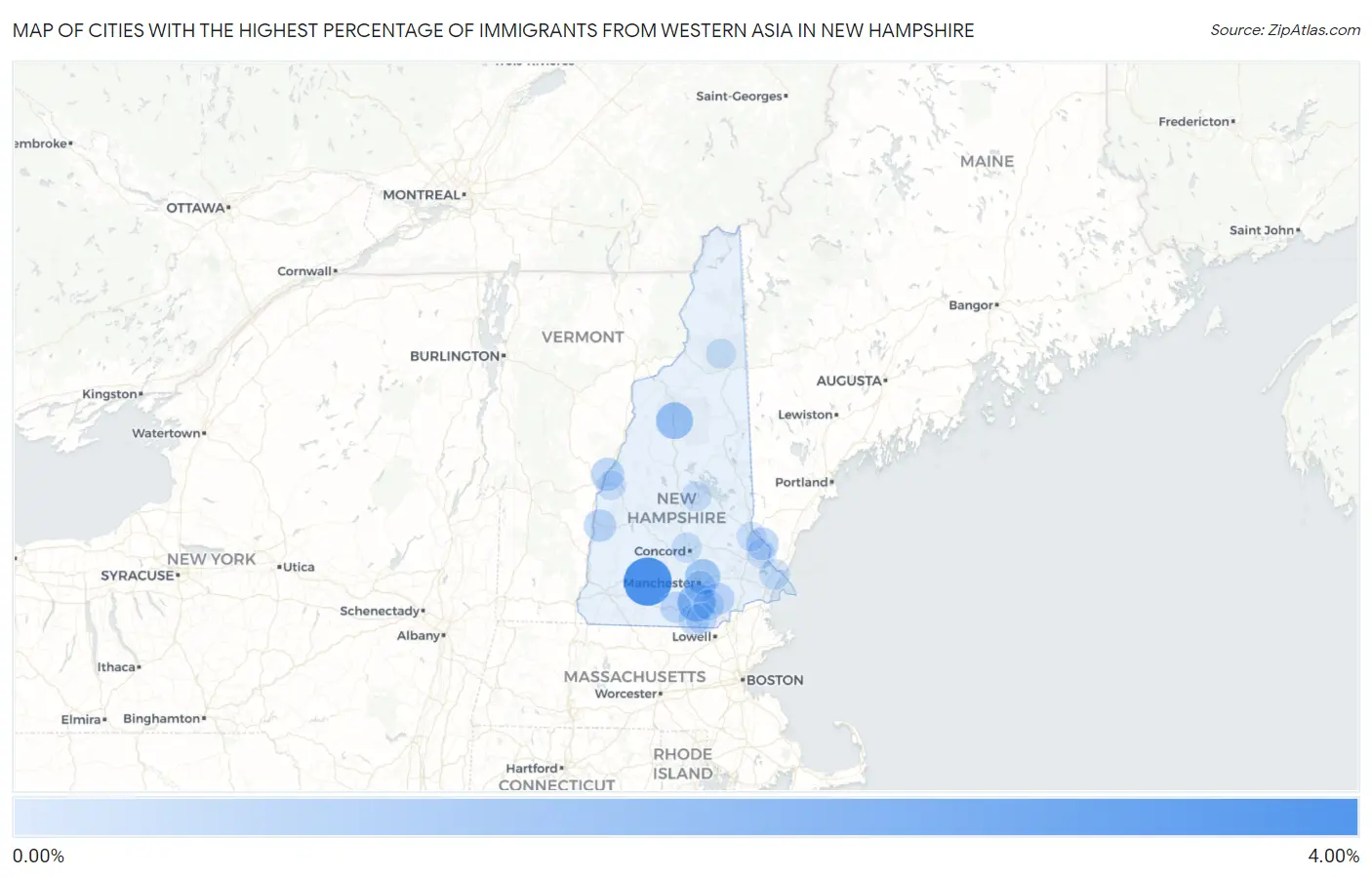 Cities with the Highest Percentage of Immigrants from Western Asia in New Hampshire Map