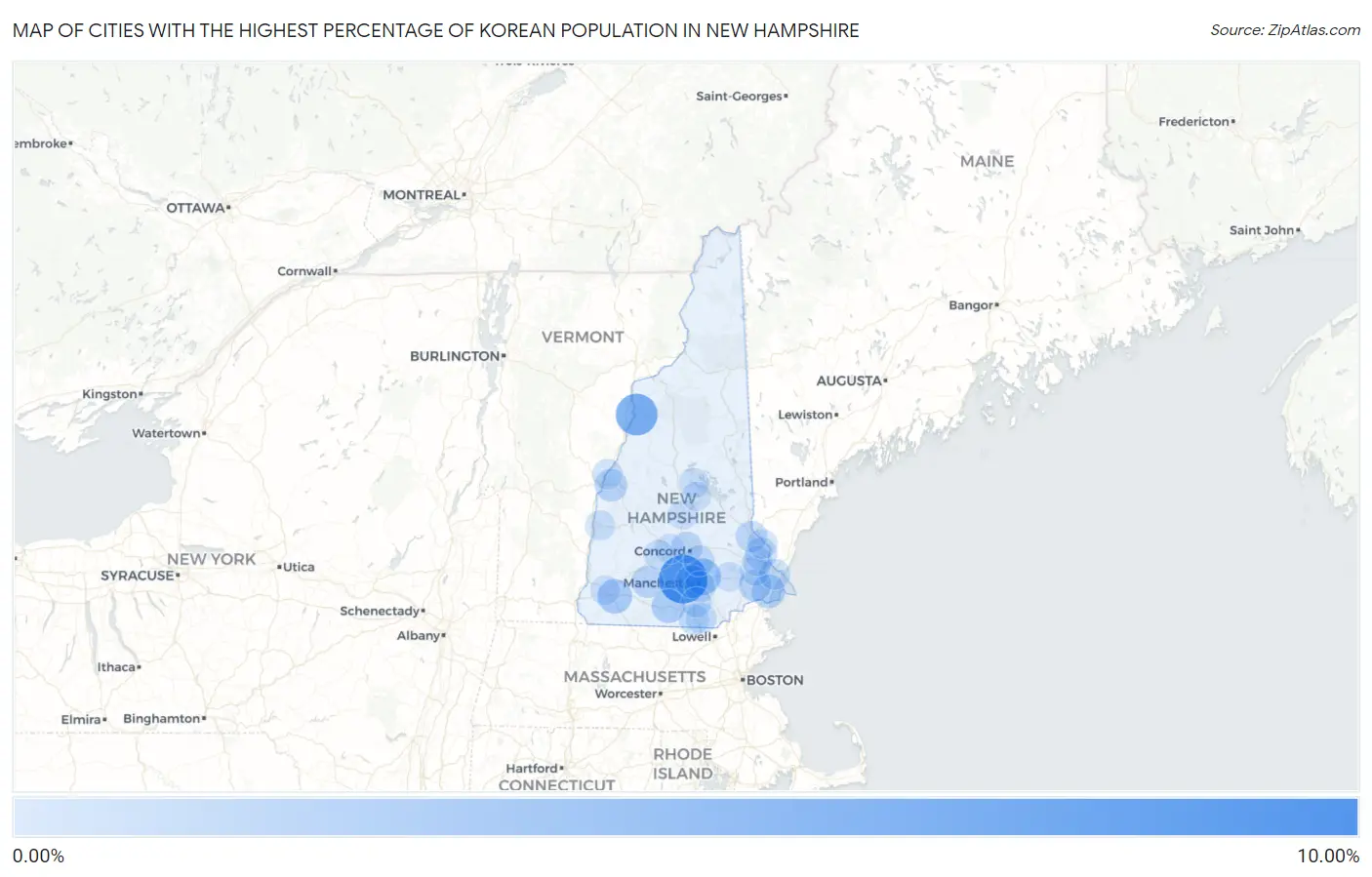 Cities with the Highest Percentage of Korean Population in New Hampshire Map