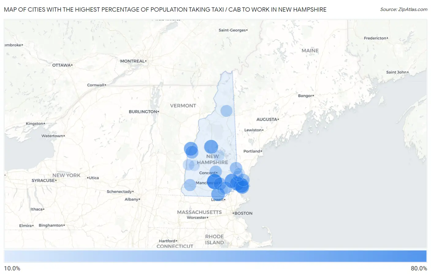 Cities with the Highest Percentage of Population Taking Taxi / Cab to Work in New Hampshire Map