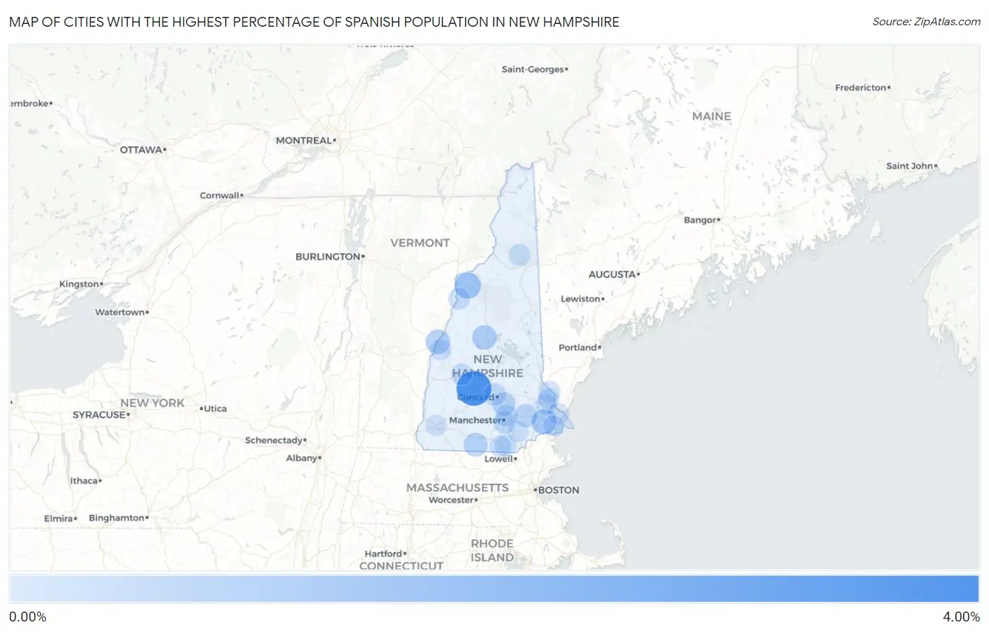 Cities with the Highest Percentage of Spanish Population in New Hampshire Map
