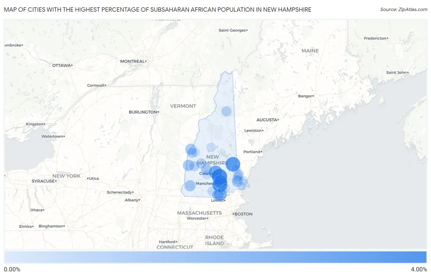 Cities with the Highest Percentage of Subsaharan African Population in New Hampshire Map