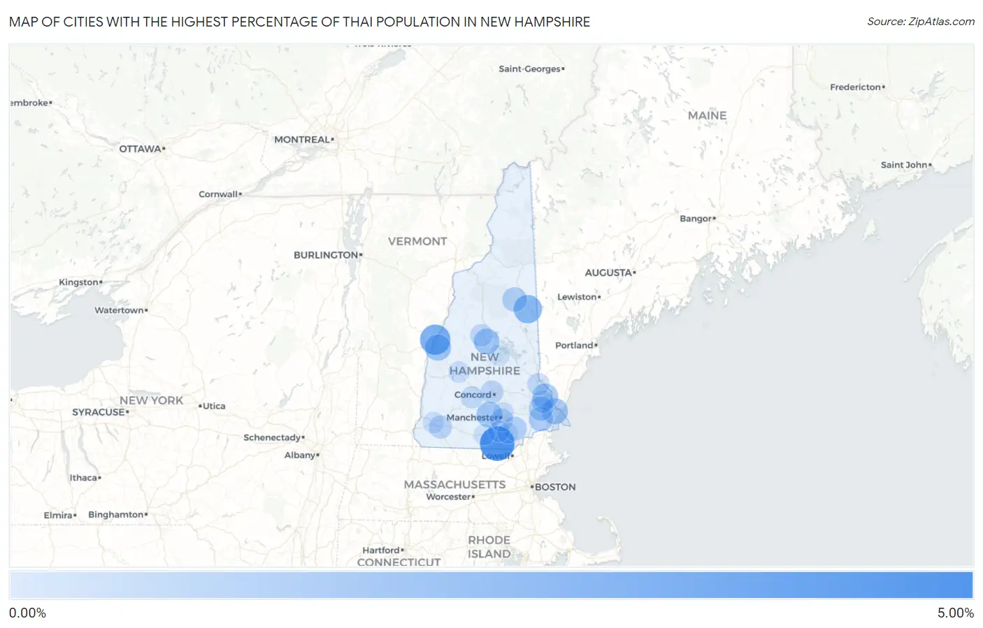 Cities with the Highest Percentage of Thai Population in New Hampshire Map