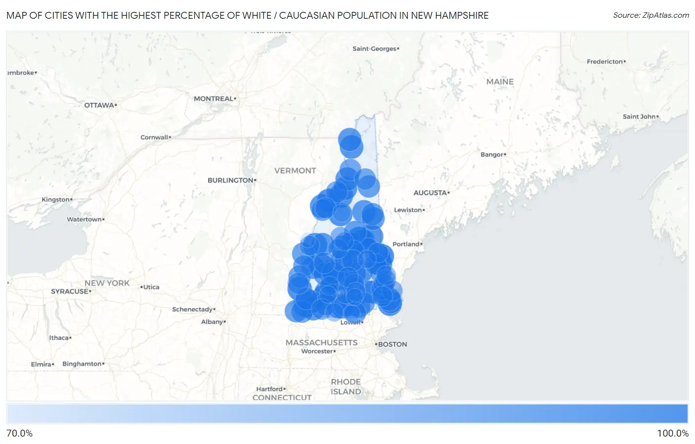 Cities with the Highest Percentage of White / Caucasian Population in New Hampshire Map
