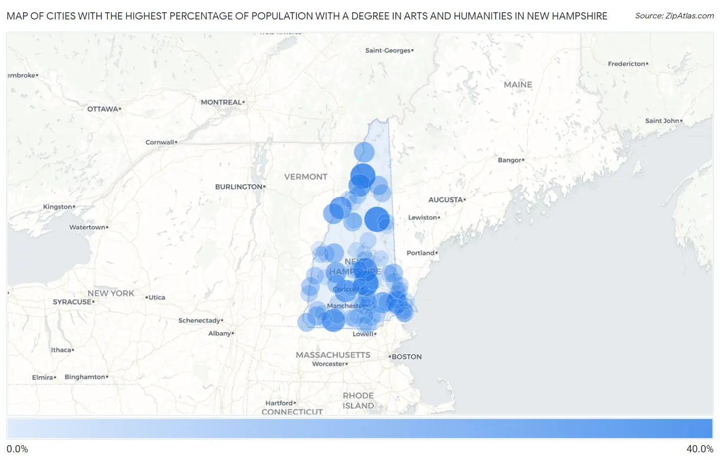 Cities with the Highest Percentage of Population with a Degree in Arts and Humanities in New Hampshire Map