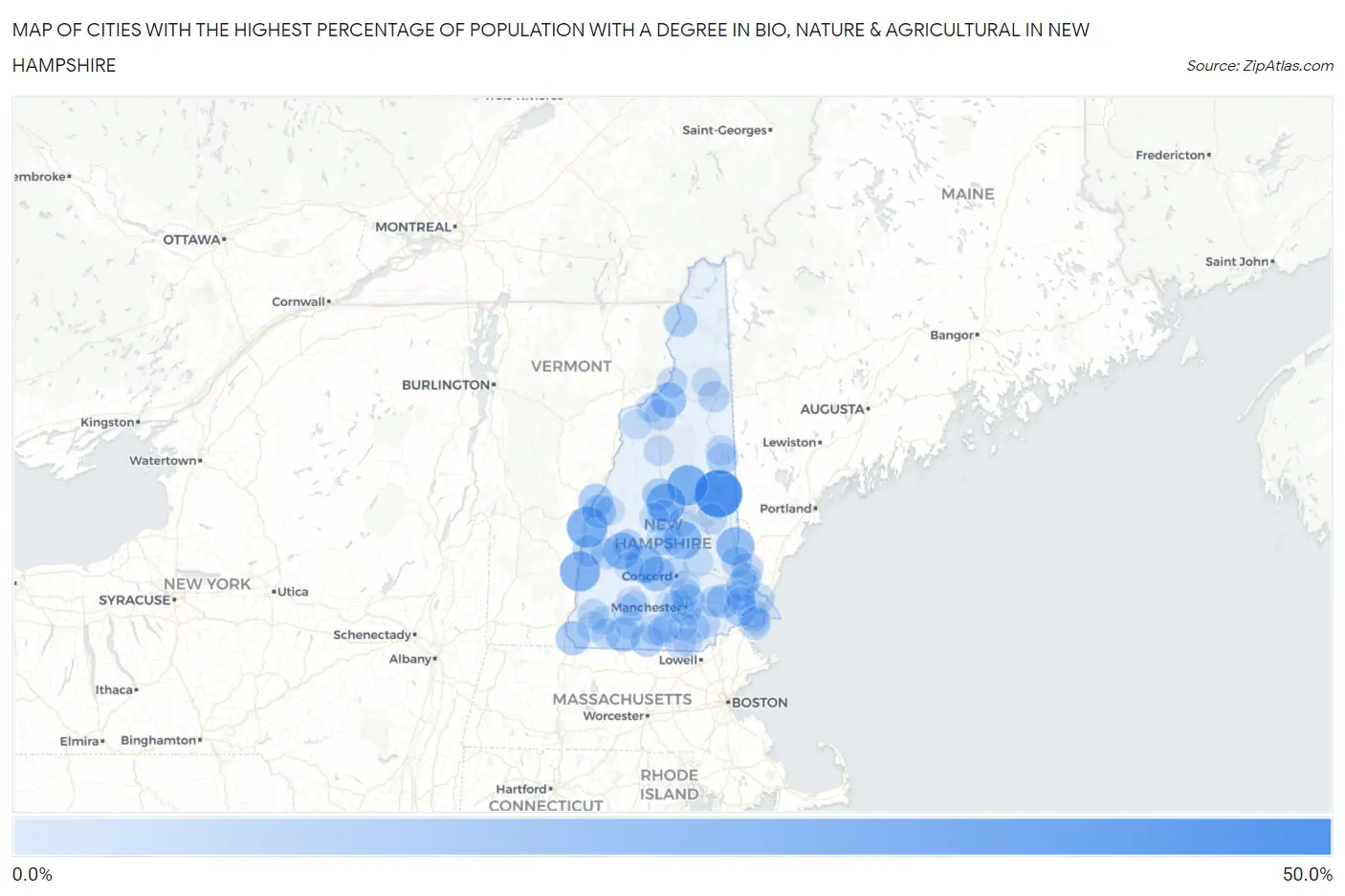 Cities with the Highest Percentage of Population with a Degree in Bio, Nature & Agricultural in New Hampshire Map