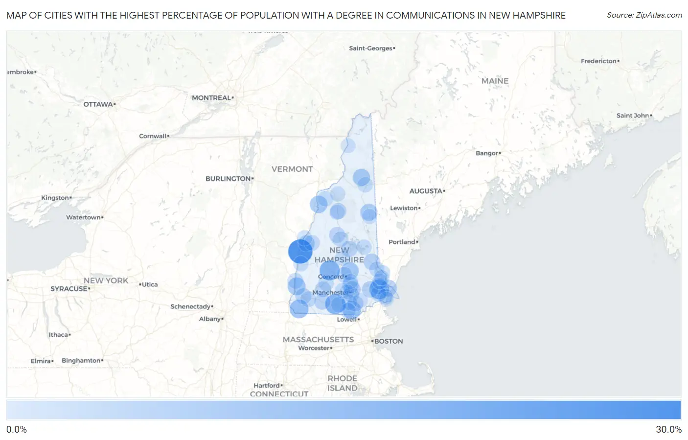 Cities with the Highest Percentage of Population with a Degree in Communications in New Hampshire Map