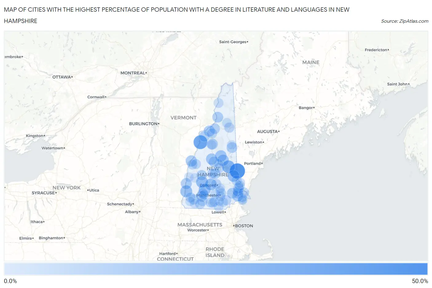 Cities with the Highest Percentage of Population with a Degree in Literature and Languages in New Hampshire Map