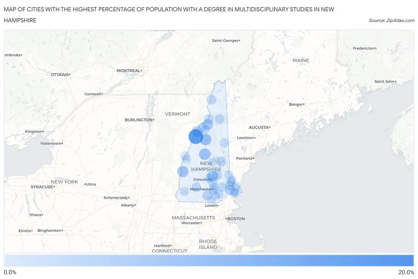 Cities with the Highest Percentage of Population with a Degree in Multidisciplinary Studies in New Hampshire Map