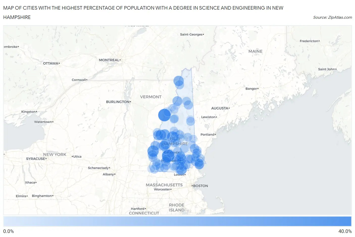 Cities with the Highest Percentage of Population with a Degree in Science and Engineering in New Hampshire Map
