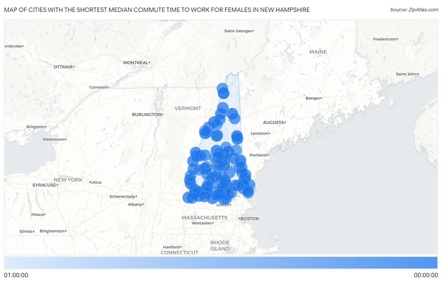 Cities with the Shortest Median Commute Time to Work for Females in New Hampshire Map