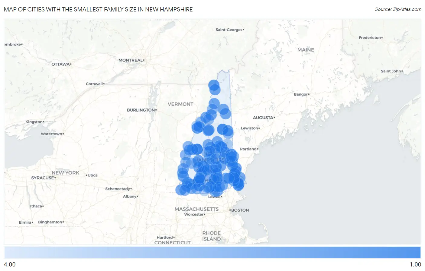 Cities with the Smallest Family Size in New Hampshire Map