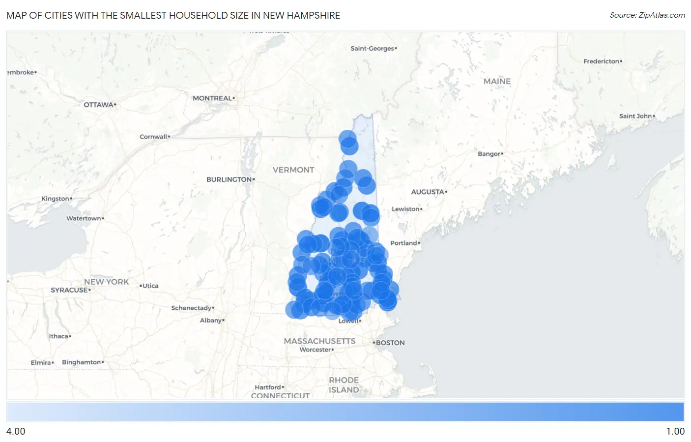 Cities with the Smallest Household Size in New Hampshire Map