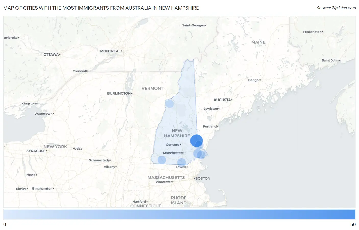 Cities with the Most Immigrants from Australia in New Hampshire Map