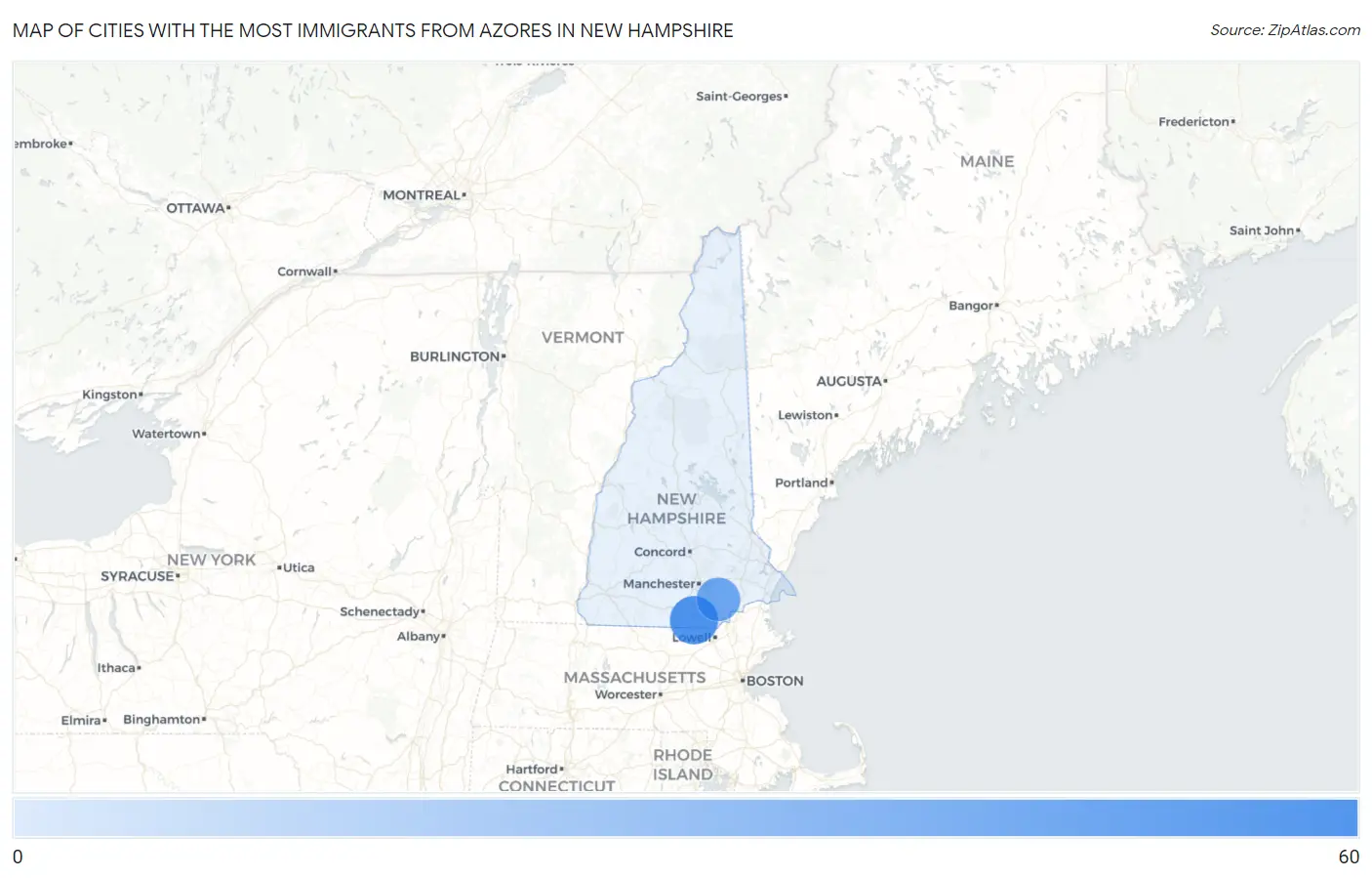 Cities with the Most Immigrants from Azores in New Hampshire Map