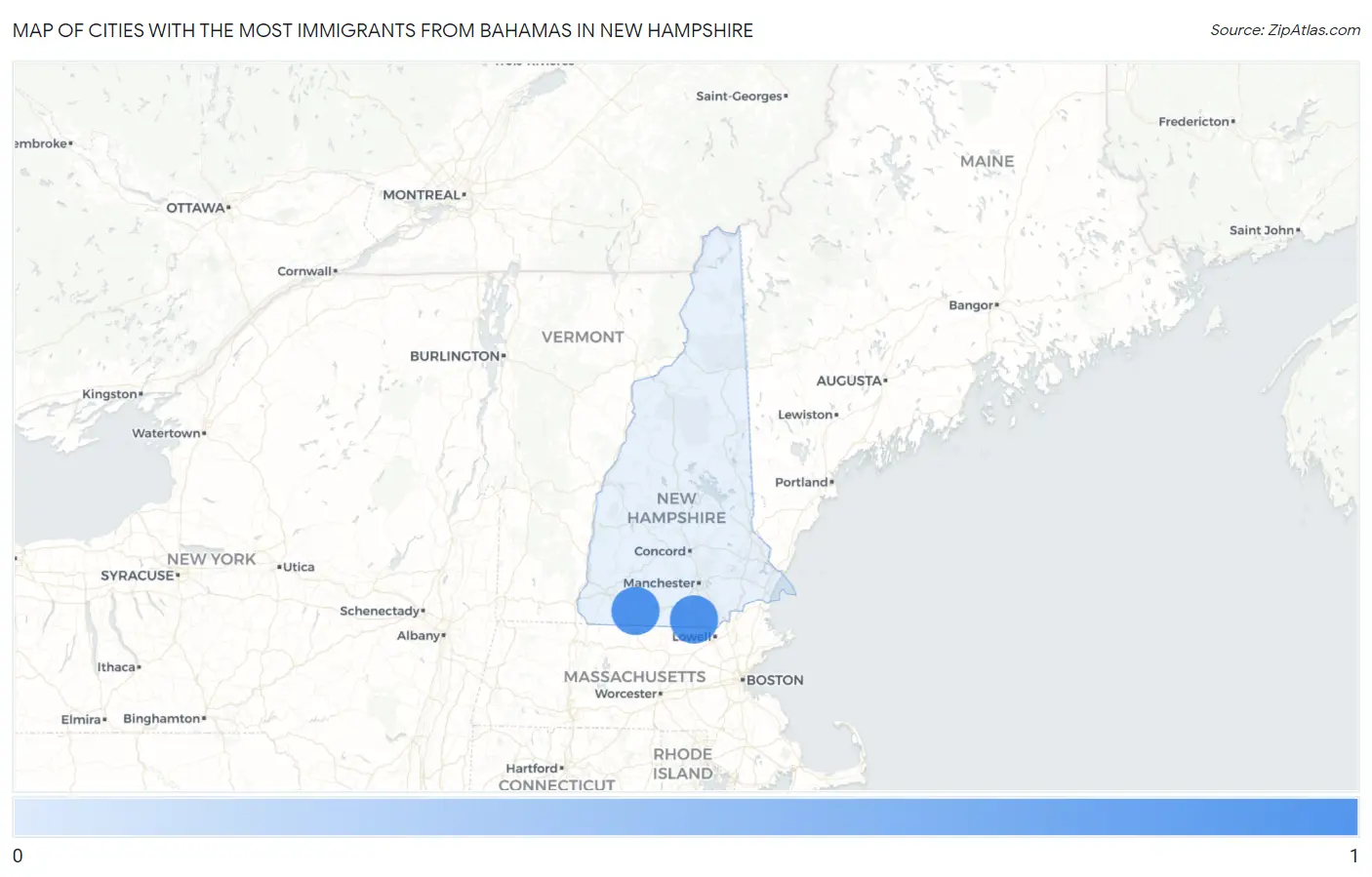 Cities with the Most Immigrants from Bahamas in New Hampshire Map