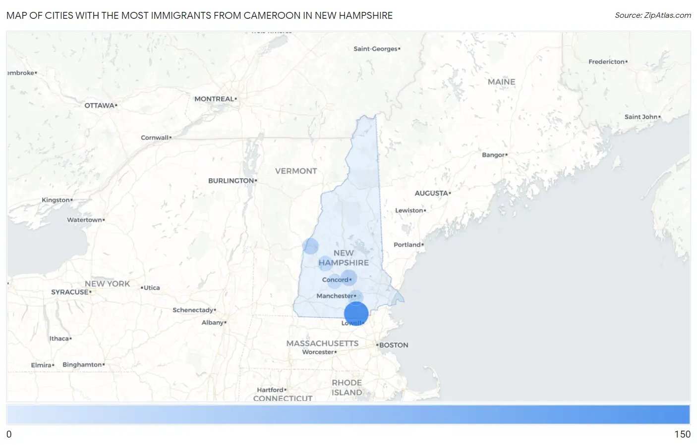 Cities with the Most Immigrants from Cameroon in New Hampshire Map